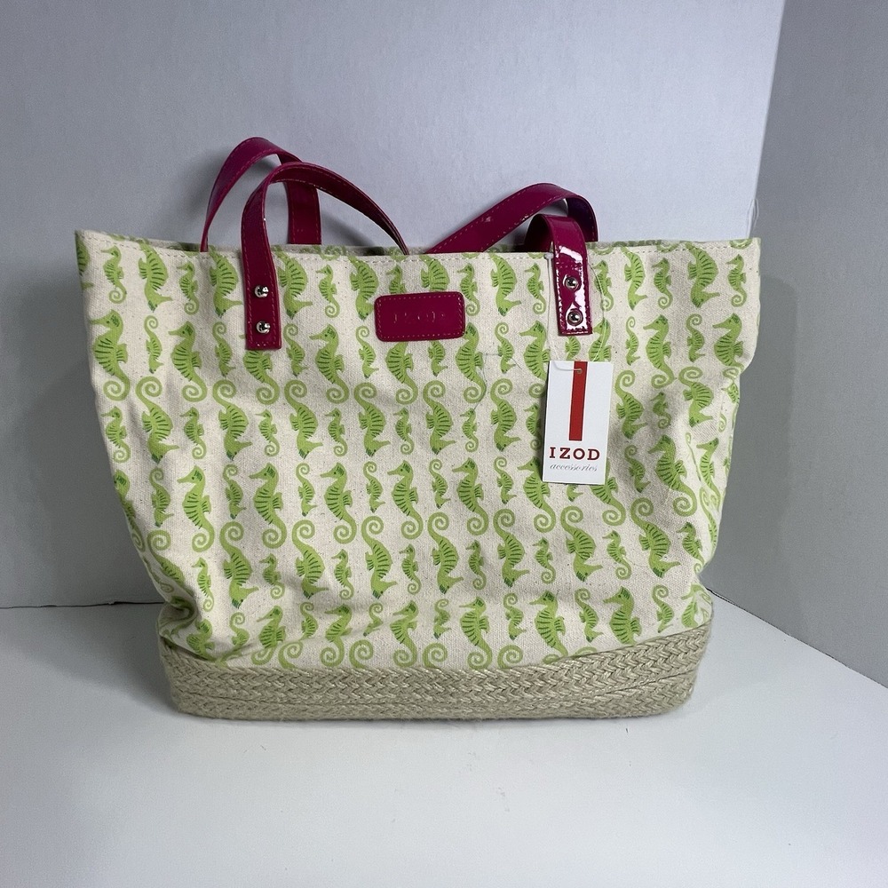 IZOD Canvas Beach Bag Green Seahorse Print Tote Pink Handles NEW